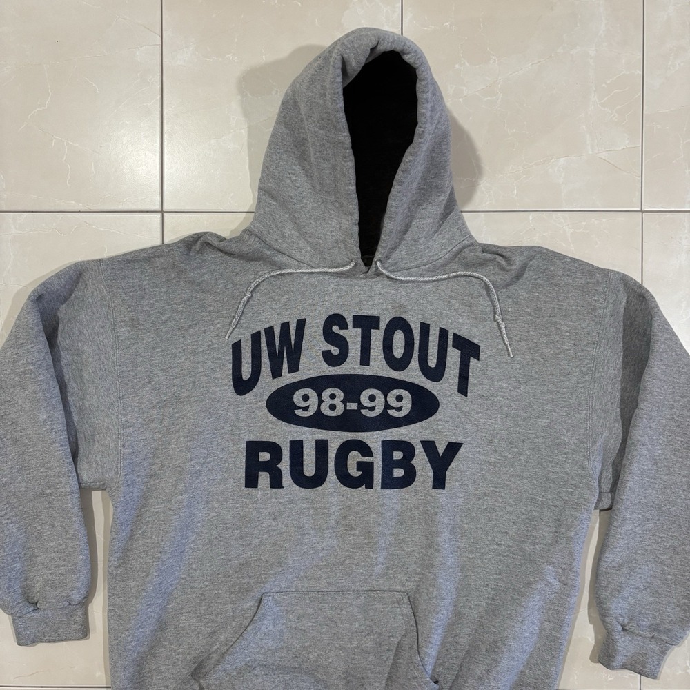 Vintage 90s Rugby Hoodie UW Stout Heavyweight Gray Mens XL Sweatshirt